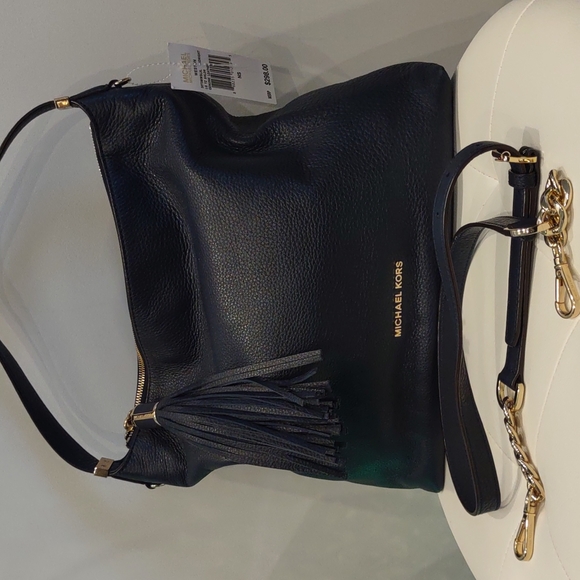 Michael kors Weston leather navy blue tassel two strap purse New $298 Zip Top
